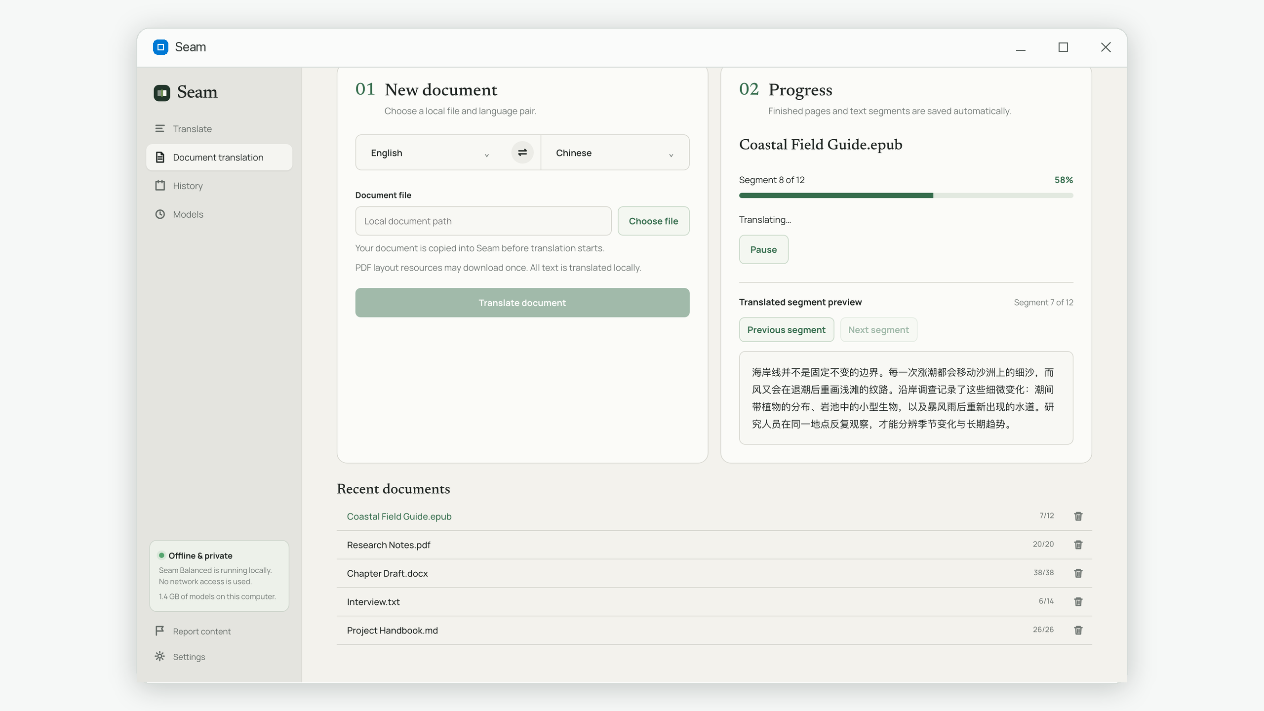 Seam showing a completed EPUB translation segment while the next segment is still in progress, with controls to browse earlier segments or follow the latest.