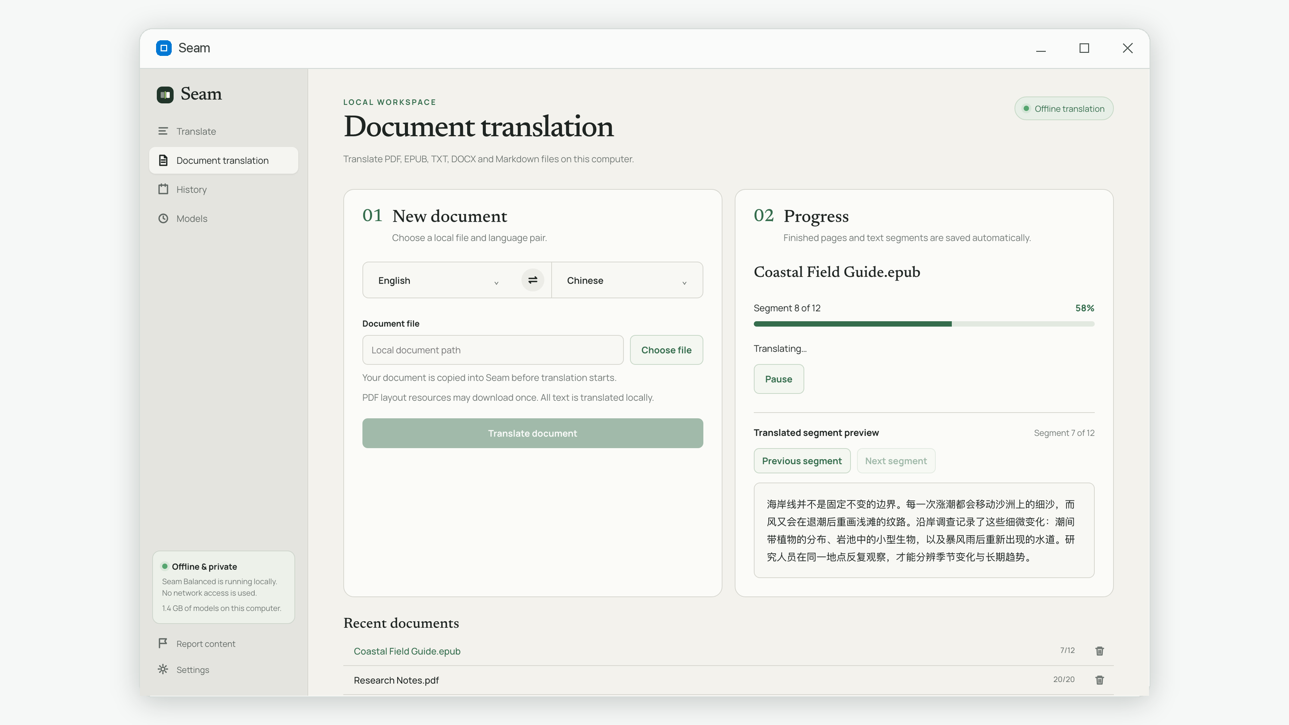 Seam document translation view showing an EPUB job in progress, language choices and saved progress, with recent PDF, DOCX, TXT and Markdown jobs.