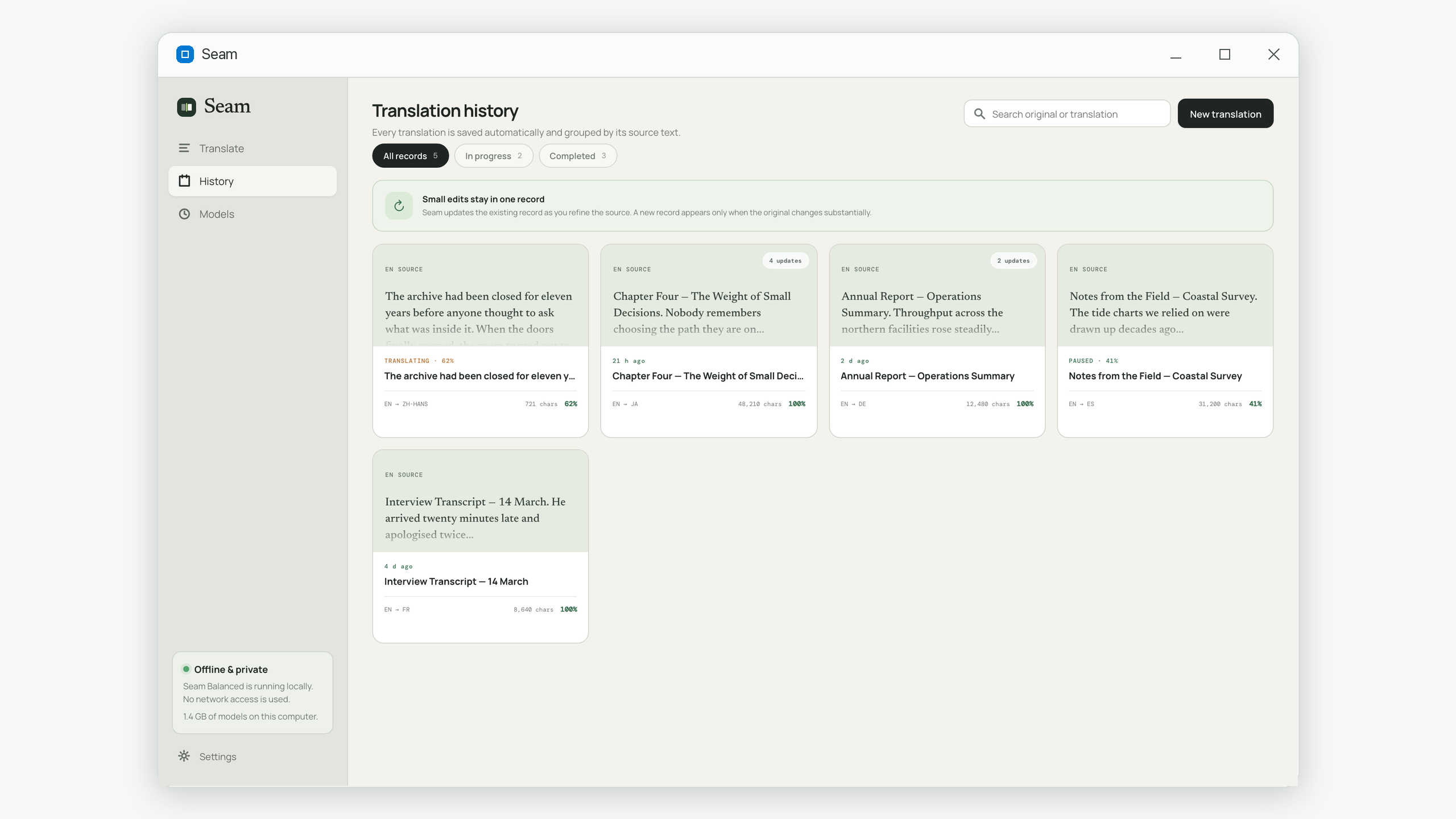 A local translation history with complete, translating and paused long documents, each showing its language pair, character count and progress.